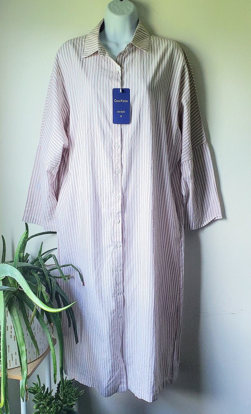Chau Yatou Womens Tan White Stiped Midi Shirt Dress Size Small Preppy Beachy